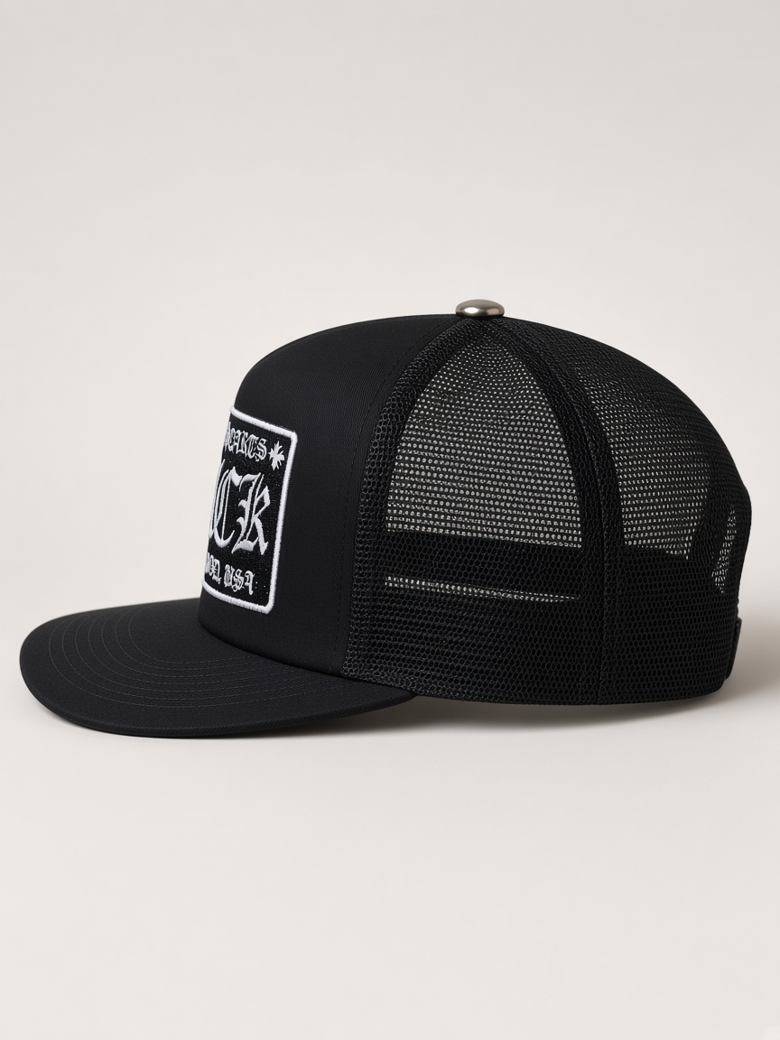 Chrome Hearts FUCK Hollywood Trucker Hat in Black
