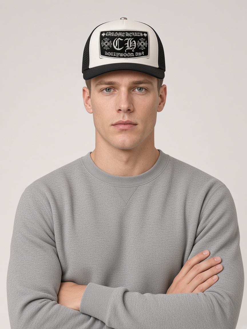 Chrome Hearts CH Hollywood Trucker Hat in White & Black