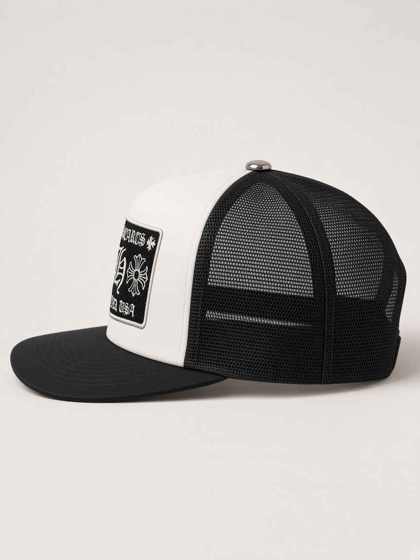 Chrome Hearts CH Hollywood Trucker Hat in White & Black