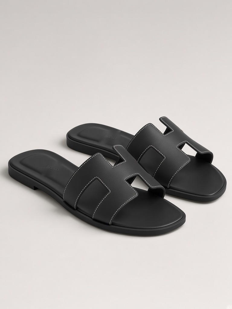 Hermès Oran sandal in Noir Black, pair from the front