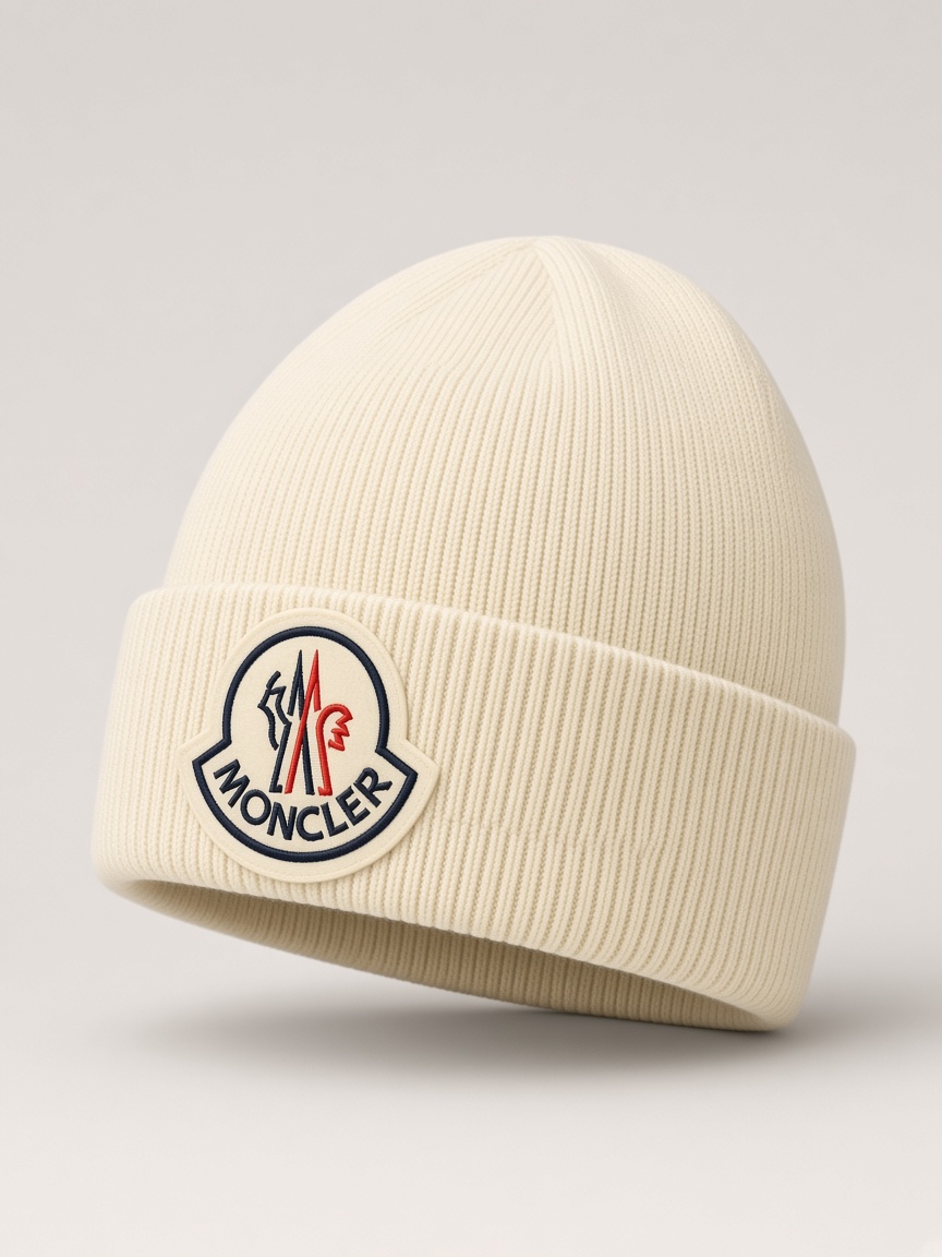Moncler Maxi Logo Beanie in Cream