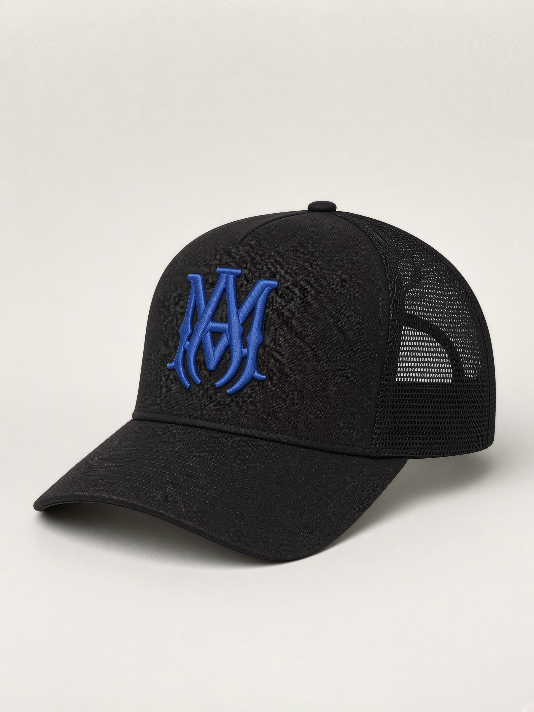 Amiri MA Logo Trucker Hat in Black & Blue