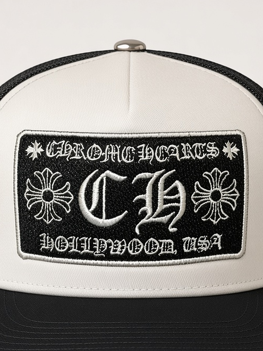 Chrome Hearts CH Hollywood Trucker Hat in White & Black