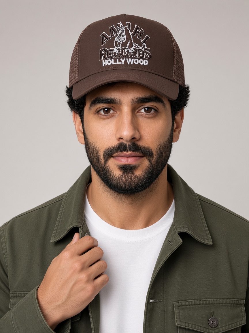 Amiri Records Hollywood Trucker Hat in Brown