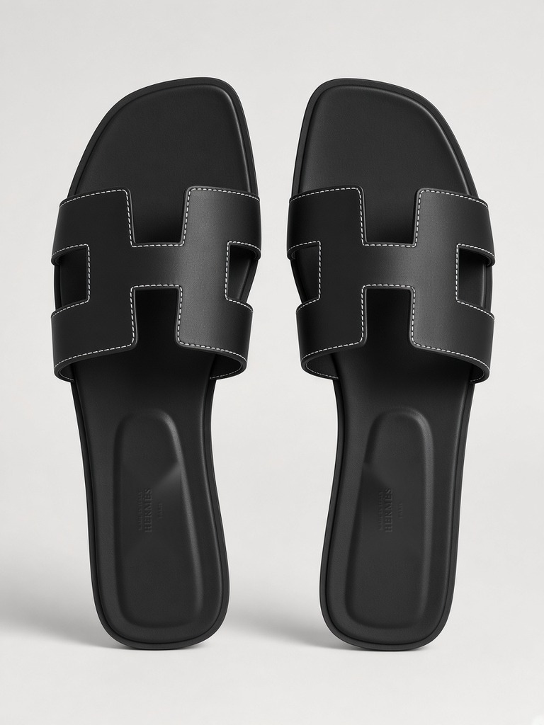 Hermès Oran sandal in Noir Black, top-down view of the pair