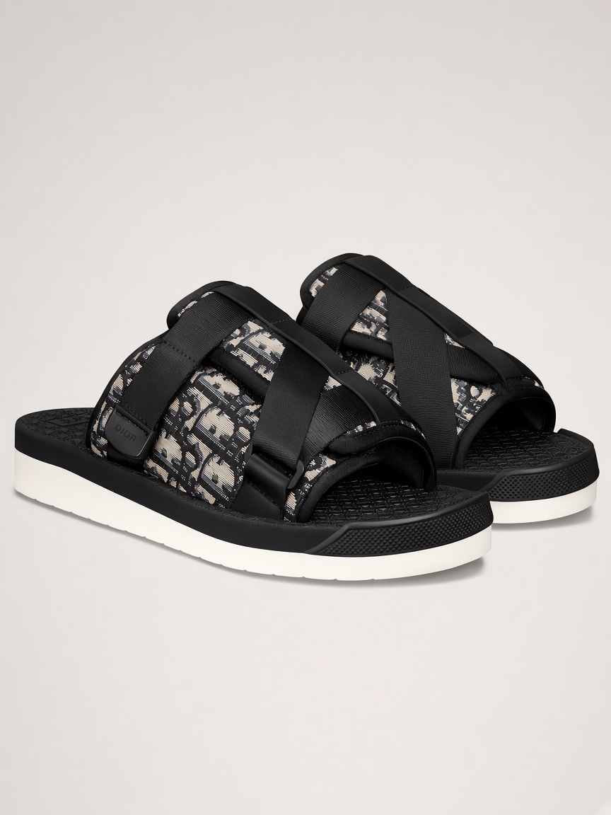 Dior Alpha sandal in Beige and Black Dior Oblique jacquard, pair from the front