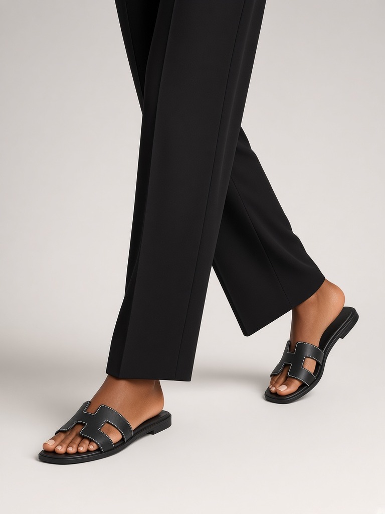 Hermès Oran sandal in Noir Black, worn by a model