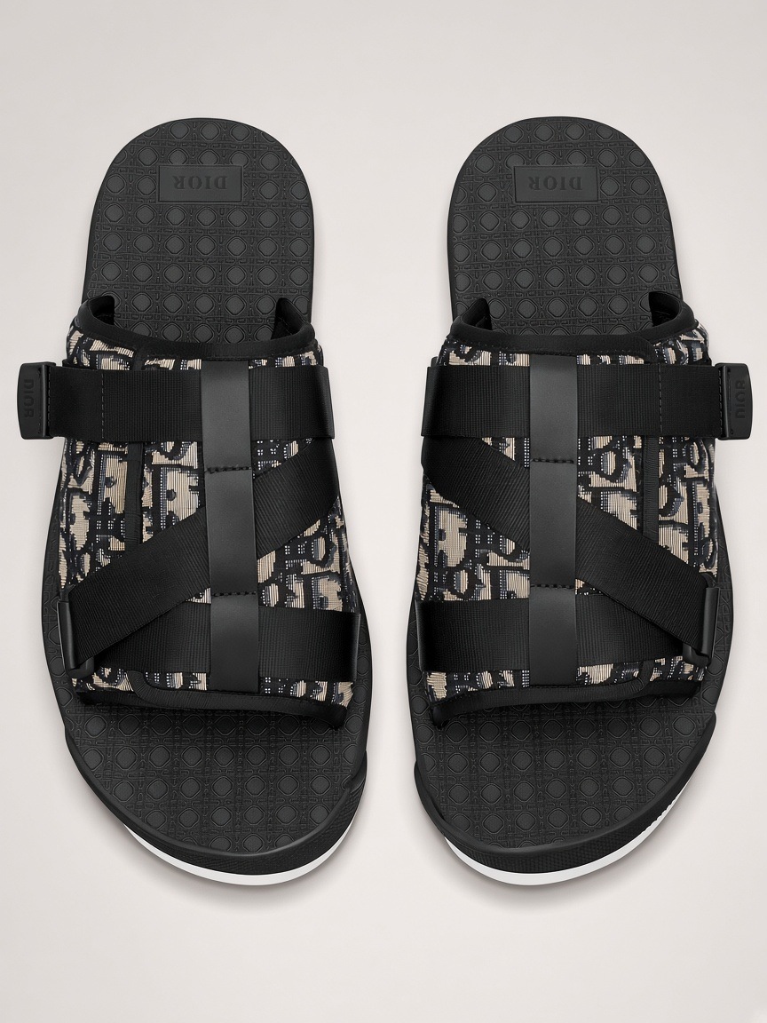 Dior Alpha sandal in Beige and Black Dior Oblique jacquard, top-down view of the pair