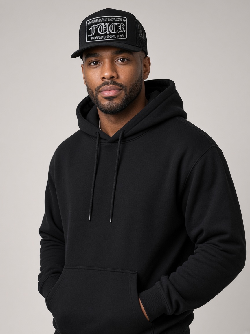 Chrome Hearts FUCK Hollywood Trucker Hat in Black