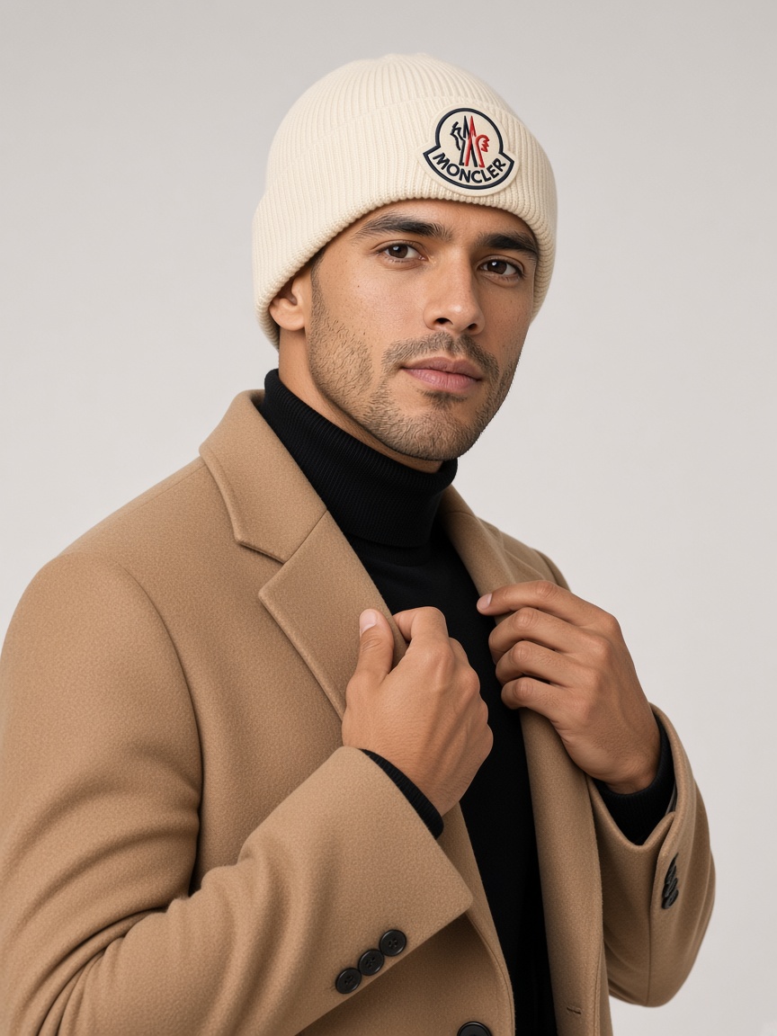 Moncler Maxi Logo Beanie in Cream