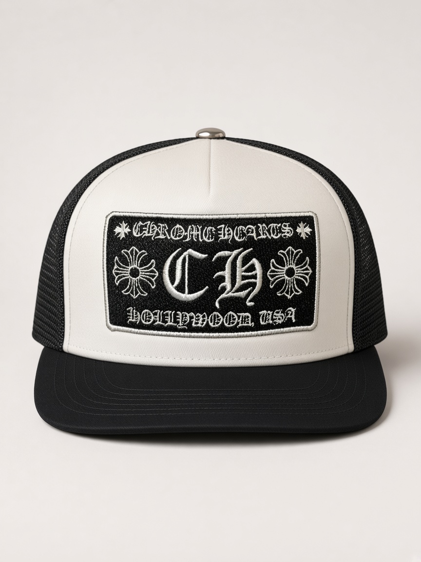 Chrome Hearts CH Hollywood Trucker Hat in White & Black