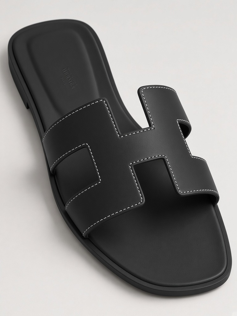 Hermès Oran sandal in Noir Black, close-up of the leather H strap