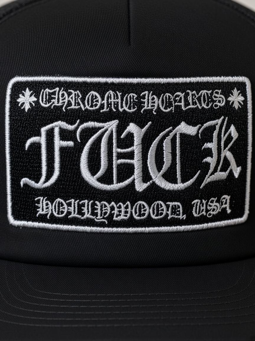 Chrome Hearts FUCK Hollywood Trucker Hat in Black