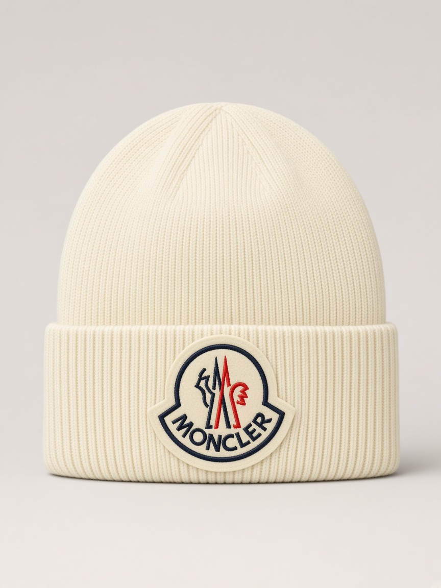Moncler Maxi Logo Beanie in Cream