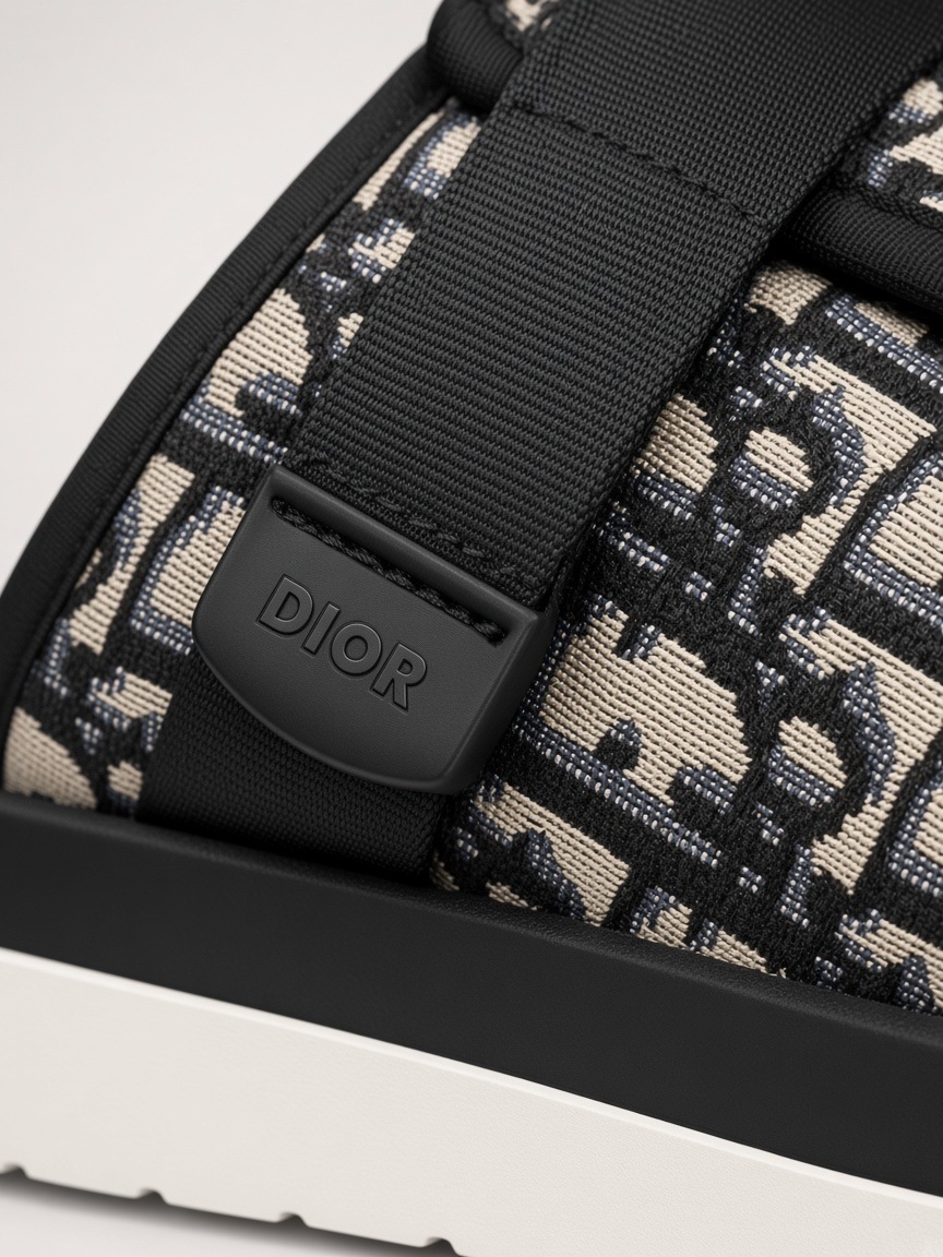 Dior Alpha sandal in Beige and Black Dior Oblique jacquard, close-up of the Dior Oblique jacquard strap