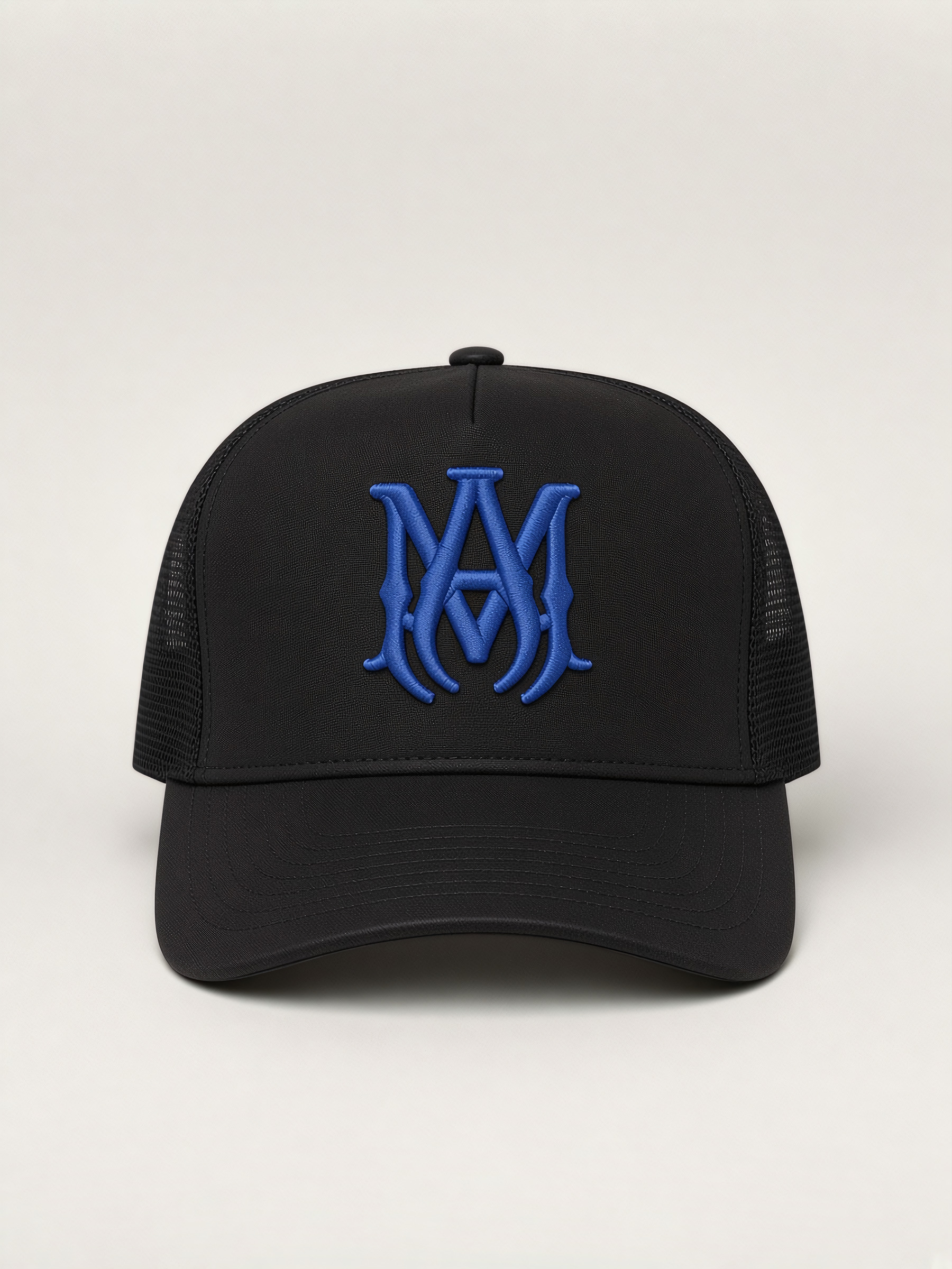 Amiri MA Logo Trucker Hat in Black & Blue