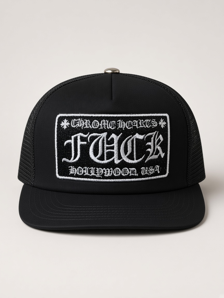 Chrome Hearts FUCK Hollywood Trucker Hat in Black